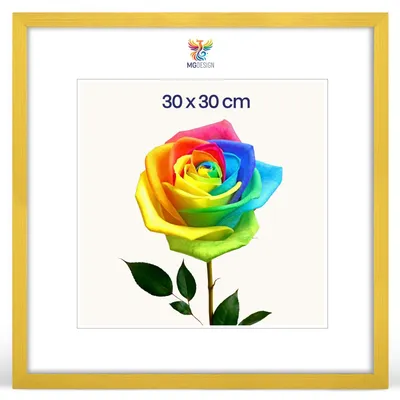 Produktbild von MG Design Bilderrahmen 30 x 30 cm - Posterrahmen mit Gelb Holzrahmen (Echtholz) und bruchsicherem Acrylglas, Hoch & Quer mit stabiler Wandaufhängung