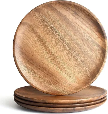 Produktbild von Akazienholz Dinnerplatten - Runde Servierplatten oder Schalen - Alle natürlichen Untersetzer - Tischdekoration 25,5 cm - Set von 4 - Einweihungsgeschenk