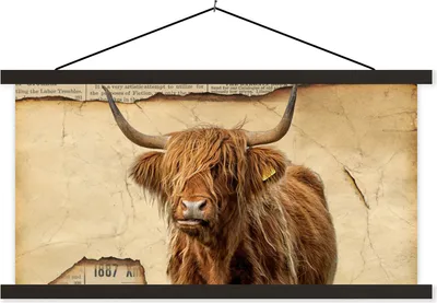 Produktbild von MuchoWow® Textilposter Schottisches Hochlandrind - Vintage - Zeitungsartikel 120x60 cm mit schwarzem Rahmen - Dekoration Schlafzimmer