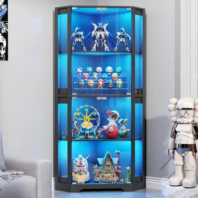 Produktbild von BROTTAR Eck-Glasvitrine Schwarz, 4 stabile Böden, integrierte LED-Beleuchtung, moderne Glasvitrine für Sammlung & Dekoration