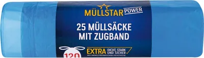 Produktbild von Müllsäcke Polyethylen 120 Liter, 30 my 700 x 1000 mm mit Zugband blau