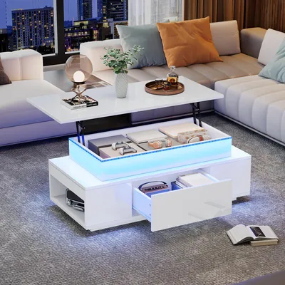 A modern living room with a sectional sofa and a white lift-top coffee table with LED lighting.