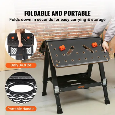 Immagine prodotto di Tavolo da lavoro e supporto per sega regolabili in altezza, 2-in-1 - Tavolo portatile per lavori di bricolage con morsetti per legno e accessori