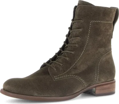 A single brown suede boot with laces against a white background.