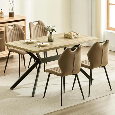 Produktbild von Esszimmergruppe Esstisch mit 4 Stühlen Rechteckig Holz Schwarz Eisenbeine 140x80x76 cm Braun