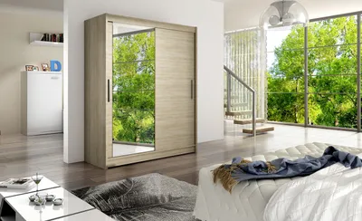 A bedroom scene with a large wardrobe with mirrored doors, a bed with white bedding, and a large window overlooking a green landscape.