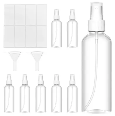 Produktbild von Sprühflasche Zerstäuber Reisefläschchen - 8 x 100 ml - Transparent - BPA-frei - Mit Trichter
