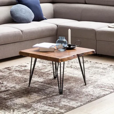 Produktbild von FineBuy Design Couchtisch Massivholz Tisch Baumkante 56 x 38 x 51 cm Sheesham Holztisch mit Metallbeinen Wohnzimmertisch im rustikalen Landhausstil