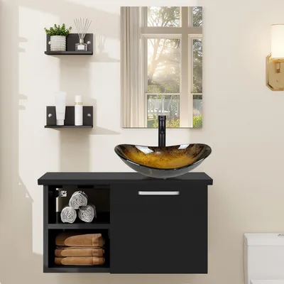 Image de Ensemble de meubles de salle de bain comprenant un meuble sous-vasque, un vasque et un miroir, en noir et or