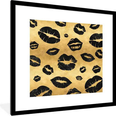 Produktbild von MuchoWow® Gerahmtes Poster Muster - Kuss - Gold - Schwarz 40x40 cm - Poster mit Schwarzem Bilderrahmen Wandposter Rahmen Foto Bilder - Poster - Plakat im Rahmen