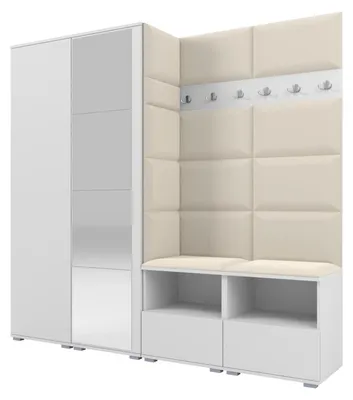 Produktbild von Garderobe NELA VI 200 cm Kompaktgarderobe Weiß mit Spiegel & Sitzpolster Creme 01 (Schrank & Paneel)