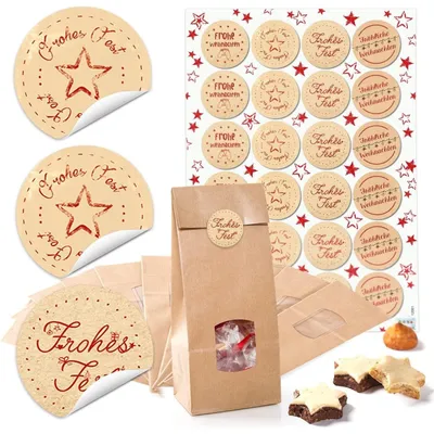 Produktbild von 10 kleine natur braun Papiertüte weihnachtlich Verpackung mit Boden FENSTER lebensmittel-echt 10,5 x 6,5 x 29 cm + 24 beige rote Aufkleber FROHE WEIHNACHTEN Weihnachtstüte Papierbeutel GeschenkbeutelWeihnachtsgrüße rot, beige, weiß