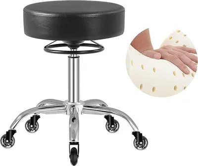 Obrázek produktu pro Nastavitelná výškově stolička na kolečkách – 50-62 cm? Pracovní stolička s nosností až 180 kg? Otočná stolička o 360°. Stolička pro salon a spa, z kůže (černá)