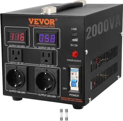 Productafbeelding van 2000VA spanningsomvormer, transformator, AC 110V ⇌ 220V. Transformator/omvormer met 2x Amerikaanse NEMA 5-15R stekker (3-polig) en 2x standaard Europese Schuko-stopcontacten, 1x 5V USB-aansluiting, 1x Type-C poort