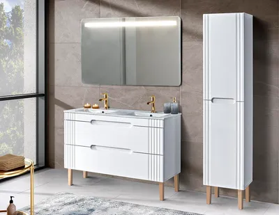 Zdjęcie produktu dla Zestaw Łazienkowy 120 Cm Biały Podwójna Umywalka Szafka Wysoka Led