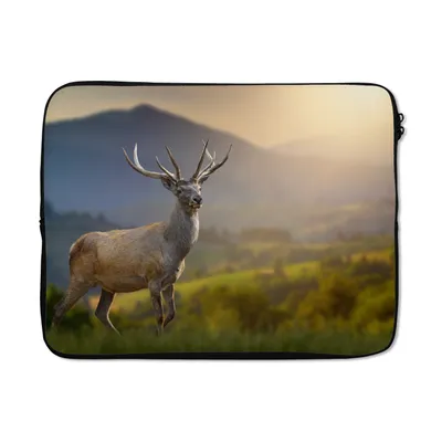Produktbild von MuchoWow® Laptop Hülle 17 Zoll Laptoptasche Hirsche - Berg - Gras - Sonnenuntergang - Tiere - Natur - Zipper - Schutzabdeckung