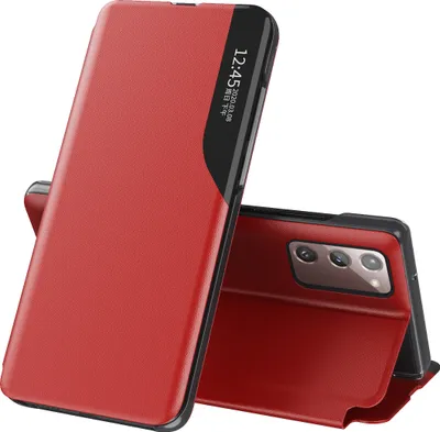 A red smartphone case with a smart view window is shown in a studio setting.