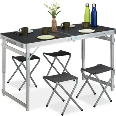 Produktbild von Relaxdays Campingtisch Set, klappbar, 4 Stühle, Klapptisch Camping, höhenverstellbar, 120 x 60 cm, Alu, MDF, silber/grau