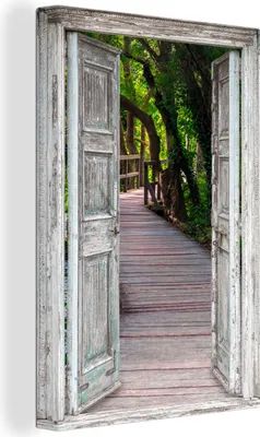 Produktbild von OneMillionCanvasses® - Leinwandbilder - 90x140 cm, Brücke - Wald - Aussicht, - Geöffnetes Fenster - Fensterblick Schlafzimmer Kunstdruck Wanddekoration - Foto auf Leinwand - Gemälde auf Holzrahmen  - Wandschmucke - Schlafzimmer