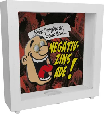 Produktbild von Rahmen Spardose aus Holz in rot zum Thema Negativzins mit Comic-Motiv