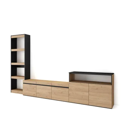 Produktbild von Wohnwand Wohnzimmer, 310x35x186cm, Für TV-Geräte bis zu 65", Wohnzimmer Möbel, Eiche und Schwarz
