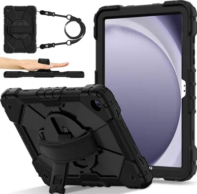 A collage of images showing a black tablet case from different angles, including a close-up of its texture and features, and how it can be held or attached to a strap.