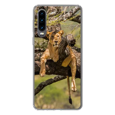 Produktbild von MuchoWow® Handyhülle Schutzhülle Hülle für Huawei P30 Löwe - Baum - Braun Silikon Softcase Handy Hülle - Kartenbesitzer