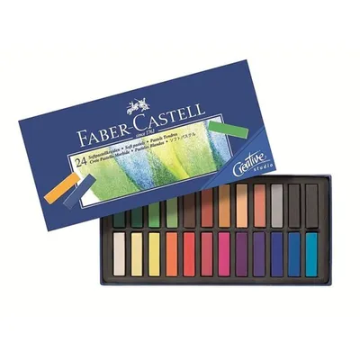 A box of Faber-Castell soft pastels is shown with the pastels laid out in a tray.