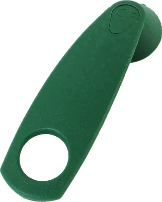 A green plastic cable holder is shown against a white background.