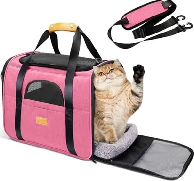 Productafbeelding van Katten transportbox, inklapbaar, met afneembaar matje. Ademende honden- en kattenmand met verstelbare schouderband, geschikt voor kleine katten