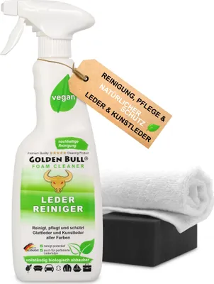 Produktbild von Golden Bull® Lederreiniger & Lederpflege Set - Leder Kunstleder Reiniger Schaum Spray 500ml, Schwamm, Tuch für Reinigung & Pflege für Auto, Sofa uvm.