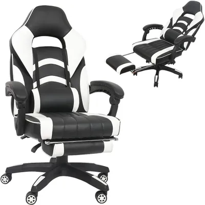 Image de Chaise de gamer Blanc/Noir Fauteuil de direction Siège de bureau Repose-pieds