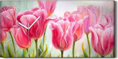 Produktbild von Küche Wohnzimmer Wand Leinwand Uhr 60x30 Wand Kunst Bild Blumen Tulpen Malerei - weiße Hände