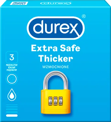 A product box for Durex Extra Safe Thicker condoms.