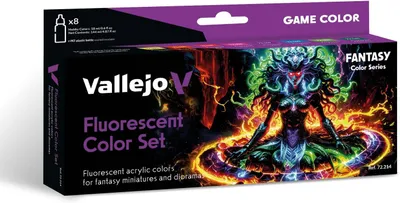 Immagine prodotto di Set di Vernici Acriliche Fluorescenti Vallejo Game Color (Fluorescent Color Set). Kit di 8 Colori ad Alta Intensità in Bottiglie da 18 ml per Miniature Fantasy, Sci-fi e Wargames