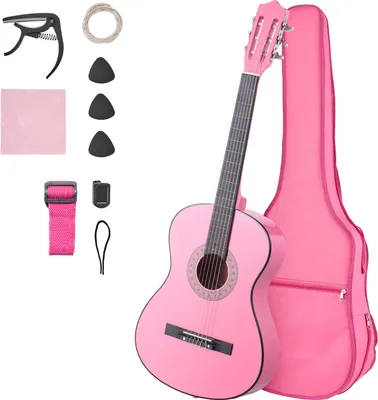Image de SucceBuy Guitare classique, 960 mm, set de guitare classique en bois pour débutants, incl. cordes en nylon, housse de transport, sangle, accordeur, cordes de rechange, médiators, capodastre, tilleul, pour débutants, rose