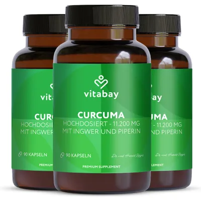 Produktbild von Vitabay Kurkuma Kapseln hochdosiert – 270 vegane Tabletten mit 500 mg Curcuma & Piperin – 3er-Pack – Kurkumin Extrakt – 1 Kapsel täglich