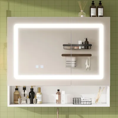 Produktbild von MODFU Badezimmerspiegel mit LED,Badspiegel 80×17×70cm,Spiegelschrank mit Doppeltür,Stauraum und Antibeschlagfunktion,Weiß