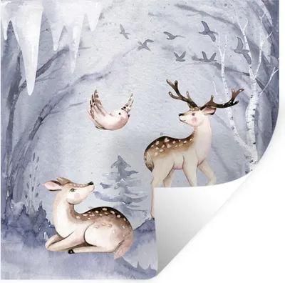 Produktbild von MuchoWow® Wandtattoo Wandsticker Wandaufkleber Winter - Vogel - Hirsch 50x50 cm Selbstklebend und Repositionierbar - Selbstklebend - Fototapeten