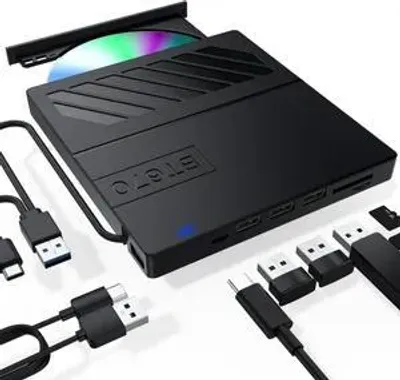 Produktbild von Externes CD DVD Laufwerk 7-in-1 USB Brenner, Tragbarer Ultra-Slim CD/DVD Player & Writer, Plug & Play, Kompatibel mit Laptop, PC & Mac
