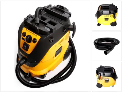 A yellow and black industrial vacuum cleaner with a hose is shown against a white background. The image is a collage of the main product shot and two smaller shots of the vacuum cleaner and its hose.