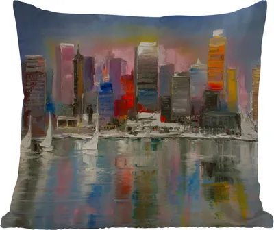 Produktbild von MuchoWow® Outdoor Kissen - Gemälde - Öl - Skyline - Wasser - 40x40 cm - Wetterfest - Lounge Kissen - Kopfkissen - Interieur - Polster mit Bild
