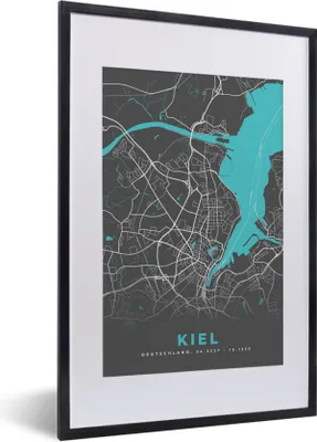 Produktbild von MuchoWow® Gerahmtes Poster Karte - Stadtplan - Kiel - Deutschland - Blau 40x60 cm - Poster mit Schwarzem Bilderrahmen Wandposter Rahmen Foto Bilder - Poster in Rahmen