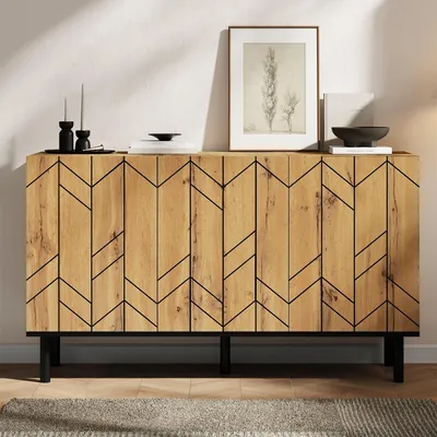 Immagine prodotto di Mobile contenitore moderno con 3 ante, dimensioni 120x35x70 cm, design con motivo a onde, realizzato in pannello di particelle con gambe in metallo nero, ideale per soggiorno, sala da pranzo e ingresso