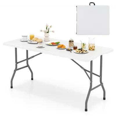 Zdjęcie produktu dla Stół ogrodowy COSTWAY 152 x 70 cm, składany stół kempingowy, stół składany z blatem z HDPE i uchwytem do przenoszenia, stół balkonowy/bufetowy dla 4–6 osób, biały