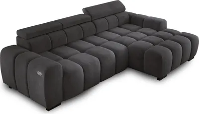 Produktbild von Ecksofa OMBO 285x168x77/97 cm, Rechte Seite Mit Schlaffunktion, Elektrisch Ausziehbarer Sitzfläche, Verstellbaren Kopfstützen, Dunklen Buchenholzfüßen, Hydrophobem SALVADOR-Bezugstoff - Graphit