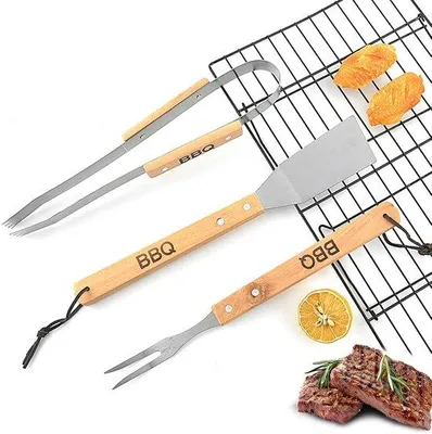 Image de Set de grillades 3 pièces en acier inoxydable et bois