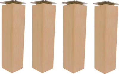 Four wooden furniture legs with metal tops are arranged in a row against a white background.