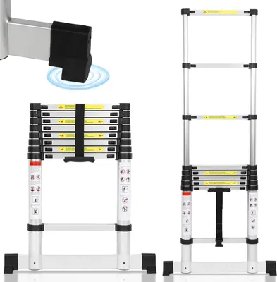 Image de Jayseuw Aluminium Echelle télescopique 2,6M, Echelle extensible avec stabilisateur, Echelle pliante, Echelle multi-usages, Echelle double, Echelle de ménage, Echelle extérieure, Capacité de charge 150 kg