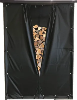 A black tarp cover with a zippered opening revealing stacked firewood.